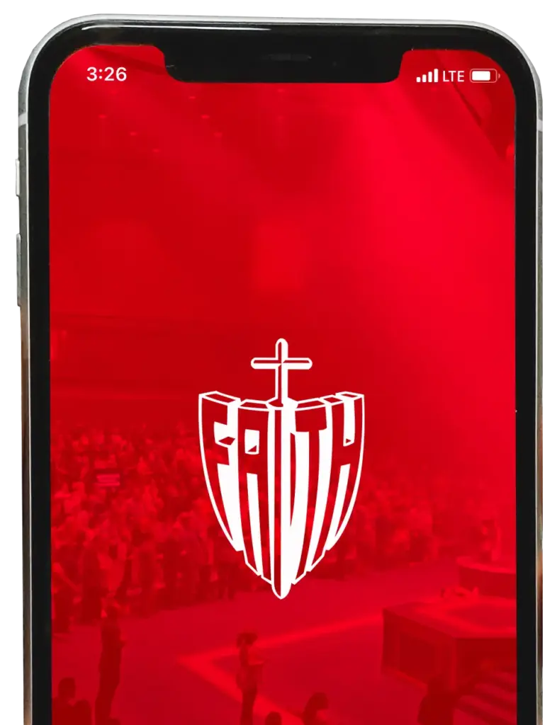 iPhone with the red screen of the Rhema App homepage