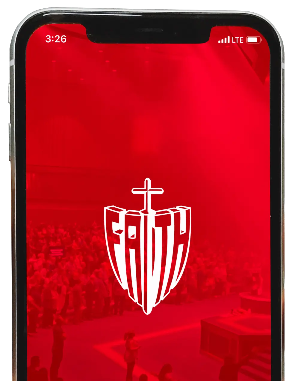 iPhone with the red screen of the Rhema App homepage